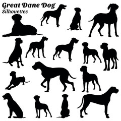 Collection of silhouette illustrations of great dane dog - obrazy, fototapety, plakaty