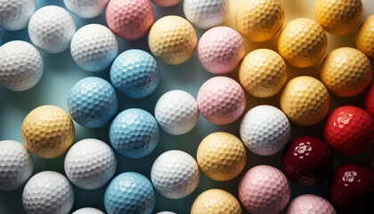 A row of vibrant golf balls, a sporty decoration generated by AI