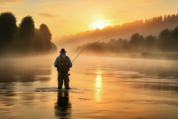 Early morning solitude as a fisherman enjoys the peacefulness of a mist-covered river at sunrise.