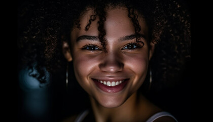 Beautiful young African woman with curly hair smiling at camera generated by AI