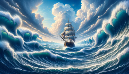 the vast open sea is depicted with tumultuous, rolling waves, creating a dynamic and powerful image. A galleon is shown amidst these waves, swaying and struggling against the ocean's might - obrazy, fototapety, plakaty