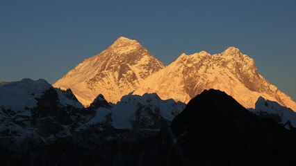 Mount Everest, Nuptse and Lhotse in the golden evening light, Nepal.