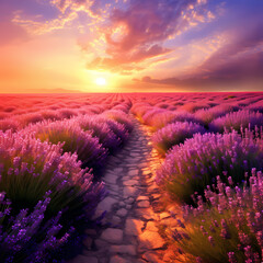 A pathway through a lavender field kissed by the morning sun