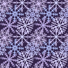Naklejka na ściany i meble Snowflakes seamless pattern, blue lilac frost crystals. Symbol of winter, cold weather. New Year and Christmas holiday card. Hand drawn watercolor illustration on dark background