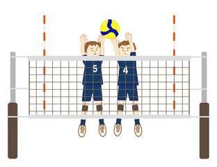 バレーボールの試合で二人でブロックをする男の子達(全身) - obrazy, fototapety, plakaty