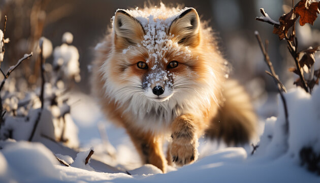 Cute red fox sitting in snow, looking at camera generated by AI