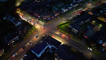 Aerial Footage of Illuminated Hitchin Town of England UK During Night. October 28th, 2023