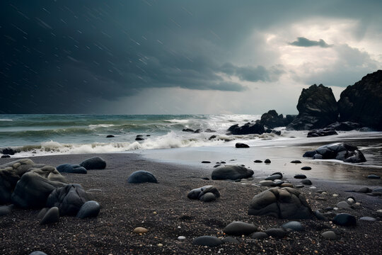 Rainy weather on coast of the ocean. Cold beach in a rainy weather with dark skies. Lost rocks on a beach in rainy weather during the summer time. Wet sand on the beach coast