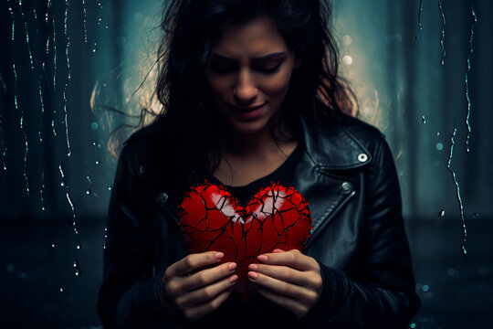 A woman holds a broken heart. A fantastic image of a broken heart in a chest. A woman's dark broken heart. Broken heart icon in human chest. Concept of unfortunate life situations causing toxic love