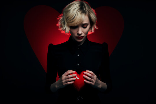 A blond woman holds a broken heart. A fantastic image of a broken heart in a chest. A woman's dark broken heart. Broken heart in human chest. Concept of unfortunate life situations causing toxic love