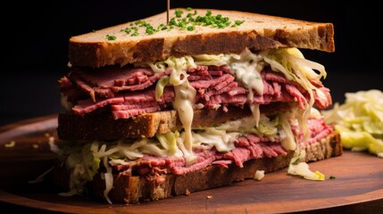 Classic and greasy corned beef and Swiss sandwich with tender corned beef, melted cheese, and tangy mustard