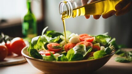 Close-up of a person's hand pouring olive oil into a salad, emphasizing the potential benefits of a...