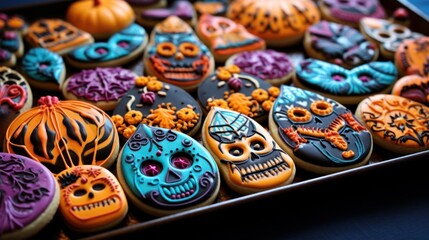 Close-up of a tray of Halloween-themed sugar cookies, decorated with intricate designs and vibrant colors, appealing to both children and adults