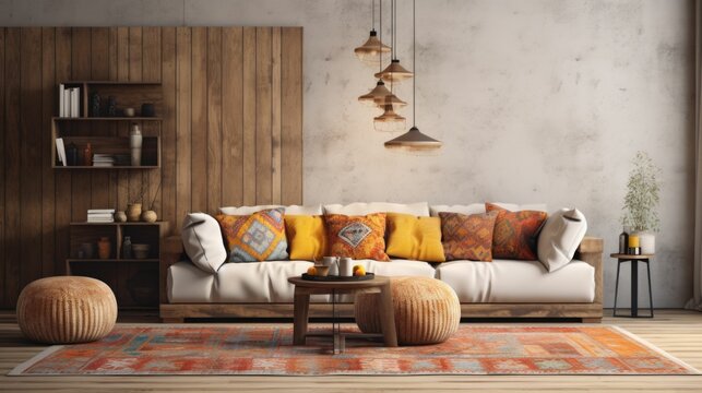 bohemian interior design, cozy living room ideas, rustic chic home decor, earth-toned furnishings bohemian style, earth tones, textured cushions, wooden wall, decorative rug, pendant lights