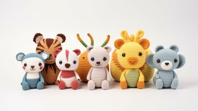 Crocheted baby toys in adorable animal shapes, stimulating imagination and play