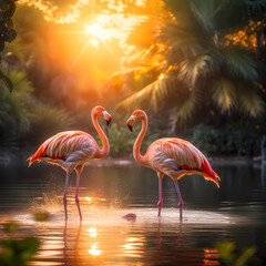 Flamingos gracefully wading in a sunlit lagoon