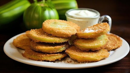 Delicious and greasy fried green tomatoes with a crispy coating and a tangy dipping sauce