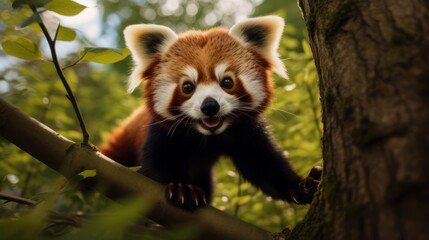 Playful red panda cub climbing a tree