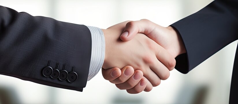 Business leaders shake hands after negotiating.