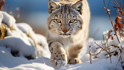 Fototapeta premium Majestic bobcat walking in the snowy wilderness generated by AI