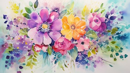 Obraz na płótnie Canvas Vibrant watercolor painting of blooming flowers, capturing the beauty of nature in vivid colors.