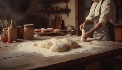 Freshly baked homemade bread on rustic wooden table, prepared with care generated by AI