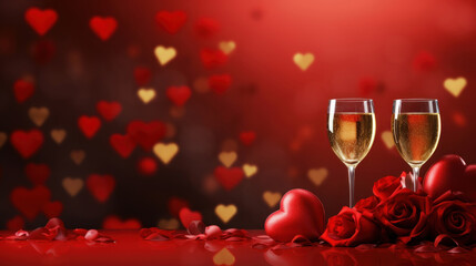 Two champagne glasses and red roses on red hearts background, valentine's day - obrazy, fototapety, plakaty