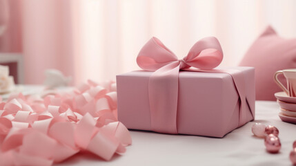 Fototapeta na wymiar Pink gift box on blurred bokeh background