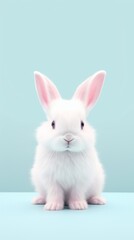 Cute white rabbit on pastel blue background. Copy space.