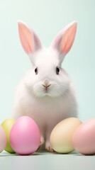 Fototapeta na wymiar Cute white rabbit and easter eggs on pastel blue background