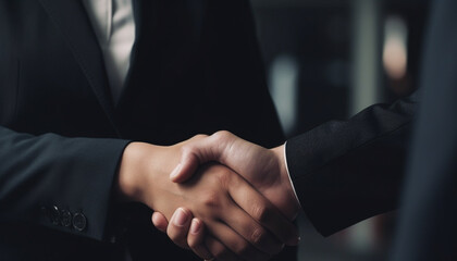 Successful business agreement between two well dressed professionals shaking hands generated by AI - obrazy, fototapety, plakaty