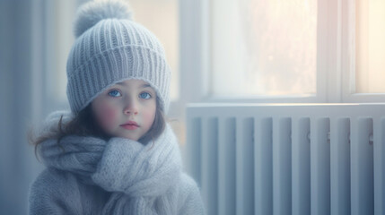 Frozen sad little girl wearing a hat, scarf and sweater in her home next to a cold radiator - obrazy, fototapety, plakaty
