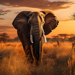 Majestic elephant in the savannah during the golden hour.