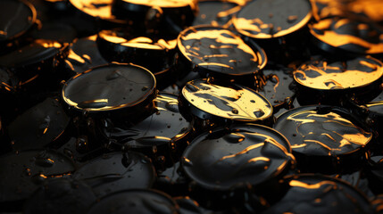 Golden coins on a dark background with black oil drops. Business concept
