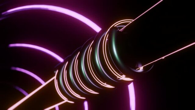 Animation of rotating tubes with piston. Design. Mechanical structure with rotating tubes around rod. Tunnel with metal pipe and moving neon lines