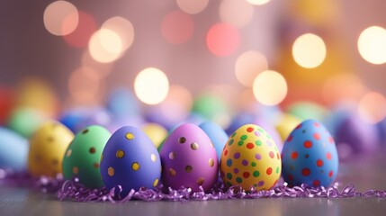 Fototapeta na wymiar Colorful easter eggs on bokeh background, close up