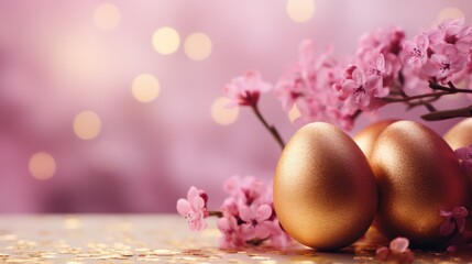 Golden easter eggs and blooming branch on bokeh background