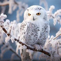 A majestic snowy owl perched on a snow-covered branch.
