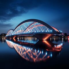 Modern bridge with reflections in the calm water below. - obrazy, fototapety, plakaty