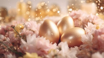 Fototapeta na wymiar Golden Easter eggs in nest with flowers on bokeh background.