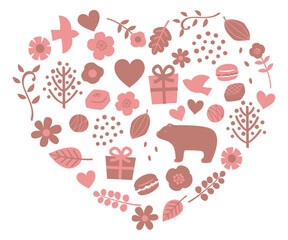 ハートの中いっぱいの北欧風バレンタインモチーフ　ピンクブラウン