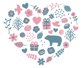 ハートの中いっぱいの北欧風バレンタインモチーフ　ピンク&times;ダックグリーン