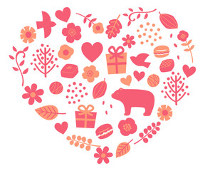 ハートの中いっぱいの北欧風バレンタインモチーフ　ピンク&times;オレンジ