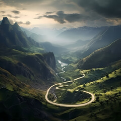 Mountainous landscape with a winding road disappearing into the horizon.