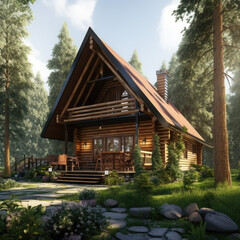 Green Canopy and Wooden Forest Cabin