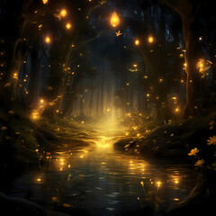 Mysterious forest illuminated by the soft glow of fireflies.
