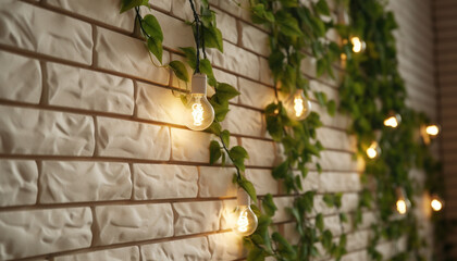 A glowing electric lamp illuminates a modern brick wall indoors generated by AI