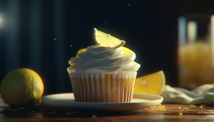 Homemade lemon cupcakes with chocolate icing on wooden table background generated by AI - obrazy, fototapety, plakaty