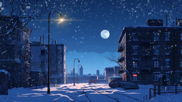 Urban winter, snowfall hitting the city at night. anime illustration style, painting animation. smooth looping time-lapse animation. Generated with AI
