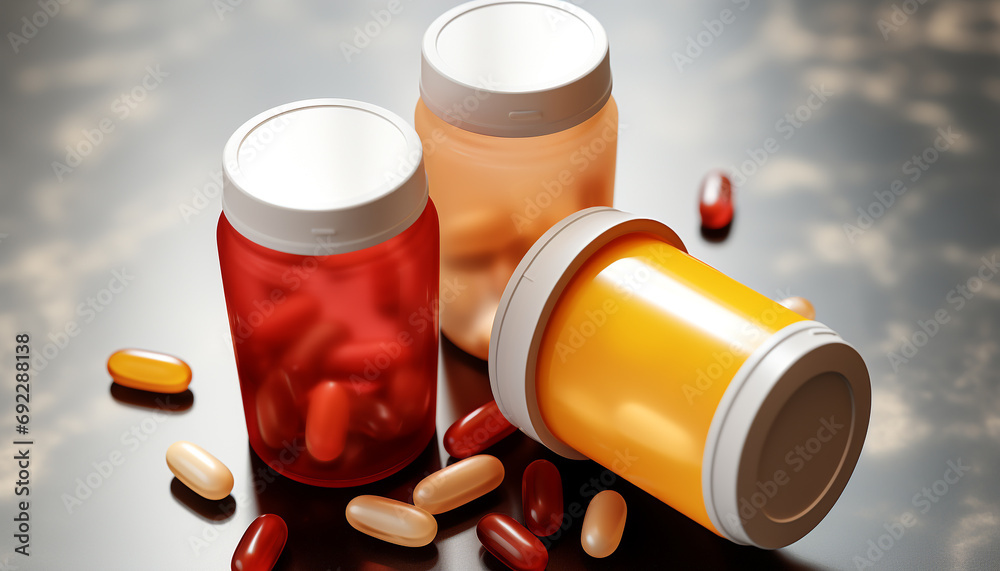 Wall mural blue pill bottle spilling dose of prescription medicine generated by ai